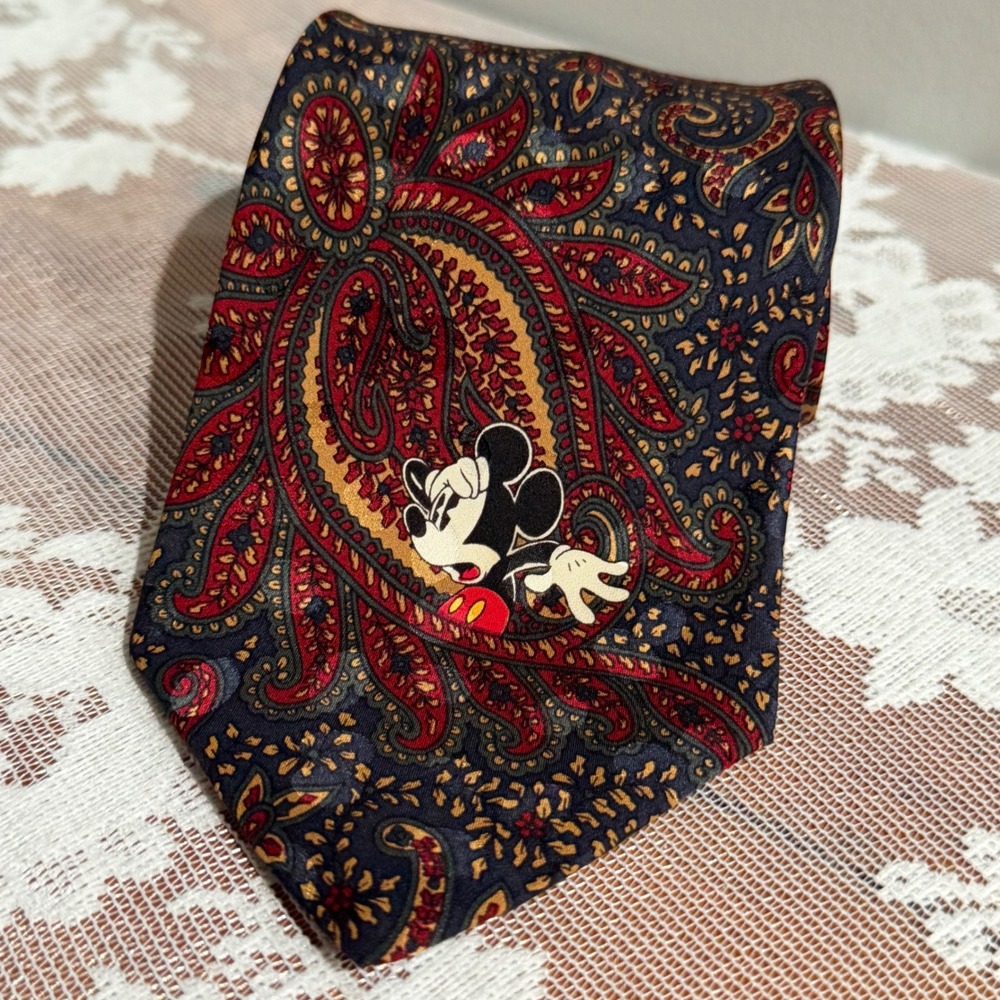 The‎ Disney Store Mickey Mouse Silk Tie Mens OS Burgundy Paisley Vintage